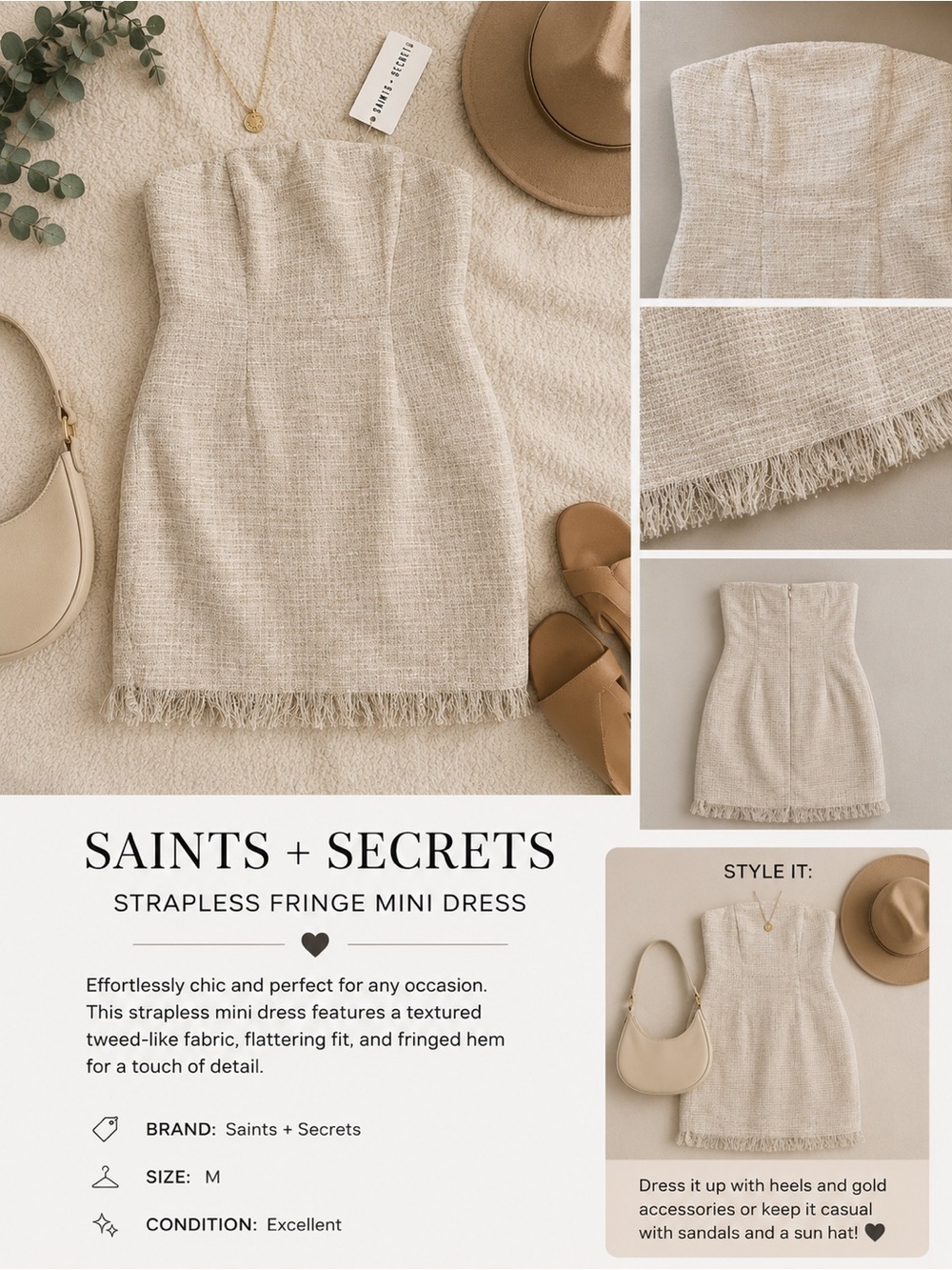 Saints + Secrets Cream Strapless Fringe Mini Dress